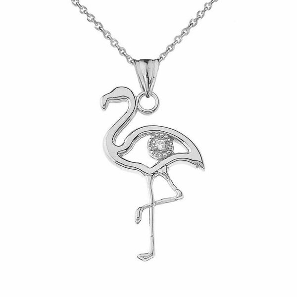 14k Solid White Gold Diamond Flamingo Pendant Necklace
