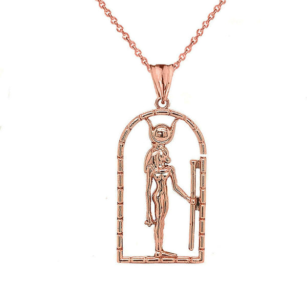 14K Solid Gold Hathor Egyptian God Pendant Necklace - Yellow, Rose, or White