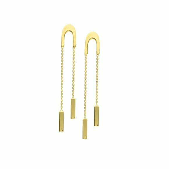 14K Solid Gold U Shape Front Threader Dangle Drop Post Bar Earrings