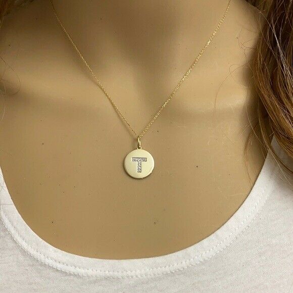 Solid 10k Yellow Gold Letter "T" Initial Diamond Disc Charm Pendant Necklace