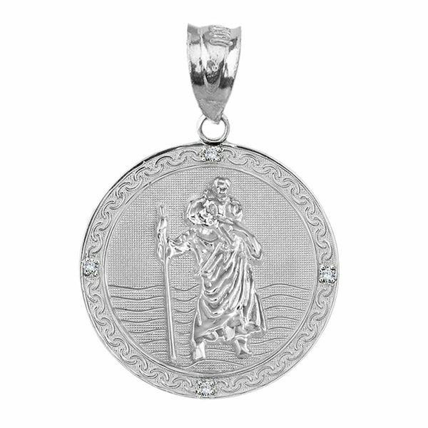 .925 Sterling Silver Saint Christopher Circle Medallion 4 CZ 1" Pendant Necklace