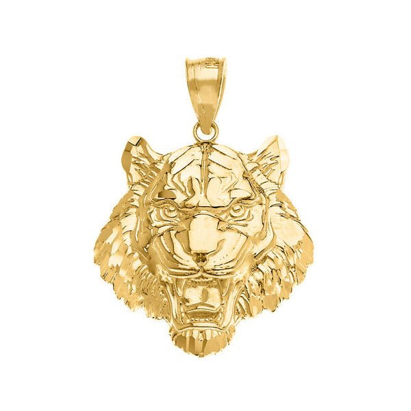 10k Solid Gold Men's Roaring Tiger Head Pendant Necklace Small Medium Large