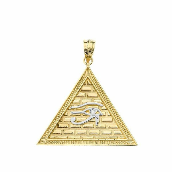 14k Solid Gold Eye Of Horus Pyramid Pendant Necklace In Two Tone Yellow/ White