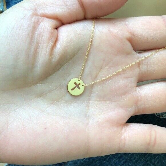 14K Solid Gold Mini Disk Cut Out Cross Religious Dainty Necklace - Minimalist