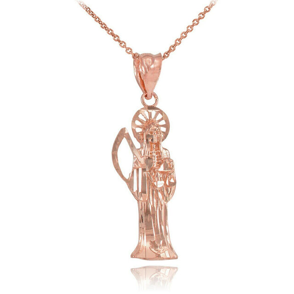 10K Solid Rose Gold Santa Muerte Charm Pendant Necklace 16" 18" 20" 22"