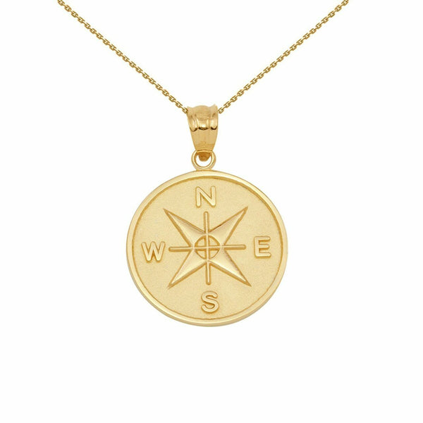 10k Yellow Gold North South East West Compass Travel Medallion Pendant Necklace
