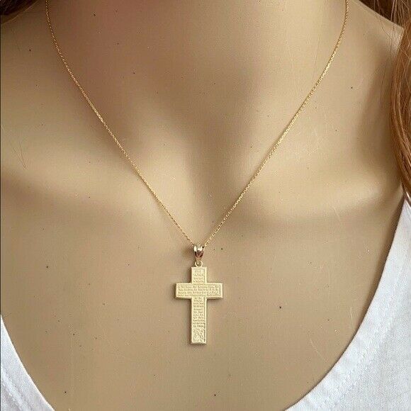 Solid 10k Yellow Gold The Lord's Our Father Prayer Cross Pendant Necklace