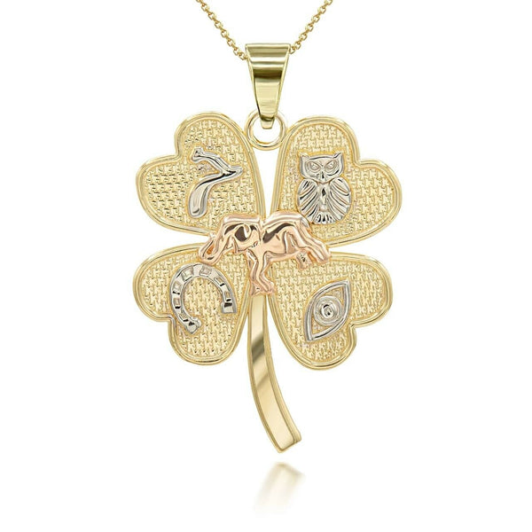 14K Solid Gold Tri-Tone Four Leaf Clover Good Luck Charm Pendant Necklace