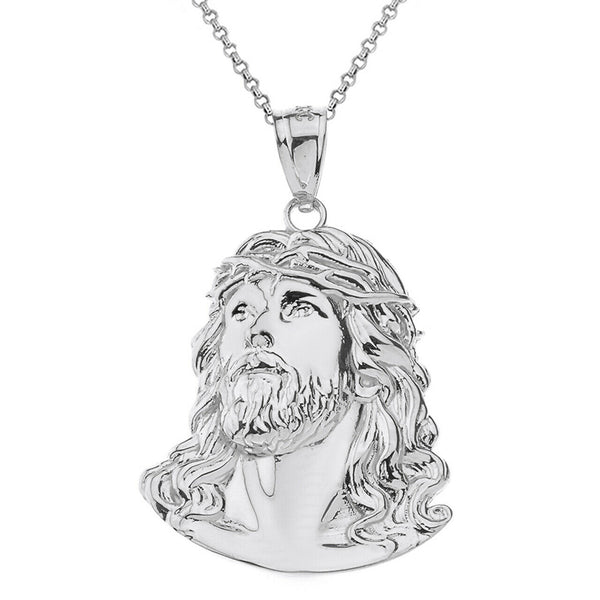 10k White Gold Jesus Christ Face Head Crown Of Thorns Pendant Necklace (S, M, L)
