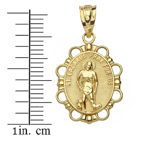 14k Solid Yellow Gold St. Saint Lazarus Pray For Us Health Oval Pendant Necklace