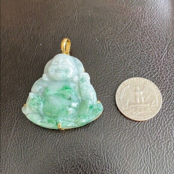 14K Solid Real Yellow Gold Natural Jadeite Jade Happy Laughing Buddha Pendant