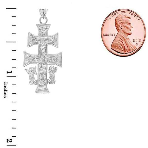 925 Sterling Silver Caravaca Double Cross With Angels Crucifix Pendant Necklace