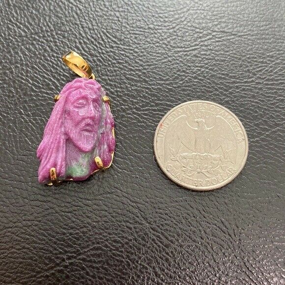 14K Real Solid Gold Natural Ruby Carved Jesus Christ Head Pendant Charm