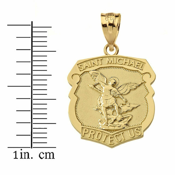 10k Solid Yellow Gold Saint Michael Protect Us Shield Pendant Necklace
