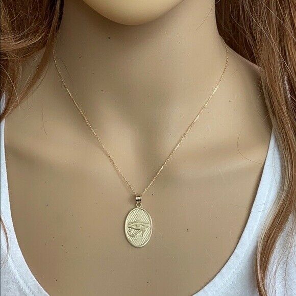 10K Solid Yellow Gold Eye of Horus Oval Pendant Necklace