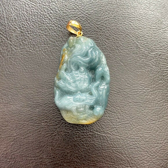 14K Solid Real Gold Dragon Carved Jade Carving Pendant Large Men