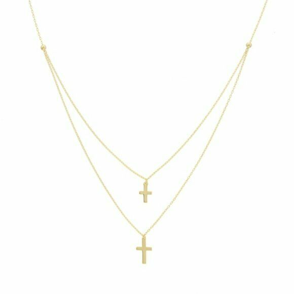 14K Solid Gold Layer Double Strand Mini Cross Necklace Religious 16"-18"