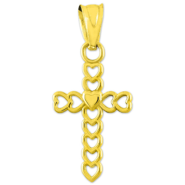 10K Solid Gold Open Hearts Cross Pendant Necklace - Yellow, Rose, or White