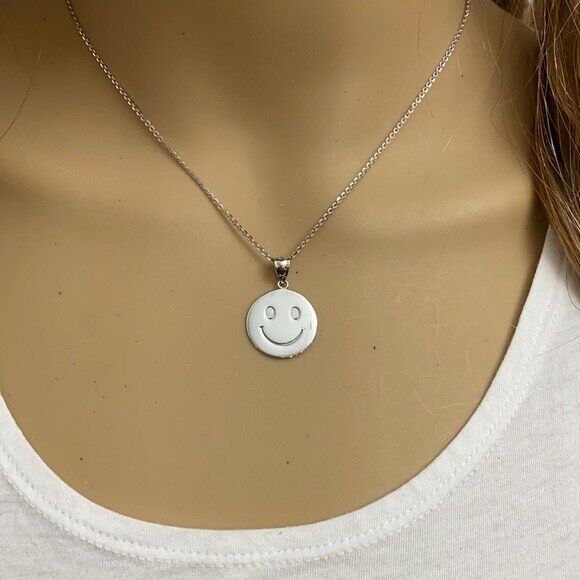 14k Solid Yellow Gold Smiley Face Disc Charm Pendant Necklace