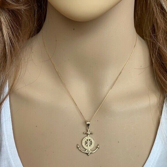 10K Solid Yellow Gold Mariner's Anchor Compass Pendant Necklace