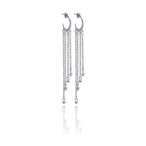 Sterling Silver 925 Rhodium Plated Moon Shape Multi Wire Dangling Star Earrings