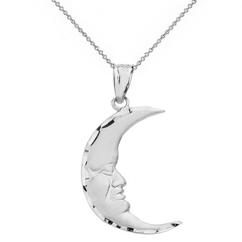 Real Sterling Silver Diamond Cut Crescent Moon Face Pendant Necklace Made USA