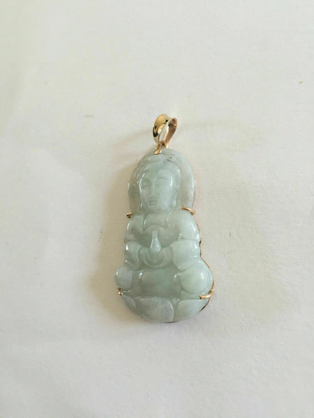 18K Solid Gold Female Buddha Quan/Kwan Yin Natural Jade Pendant Charm Carved