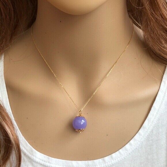 14K Solid Gold Round Ball Purple Pendant / Charm Dainty Necklace 16"-18"