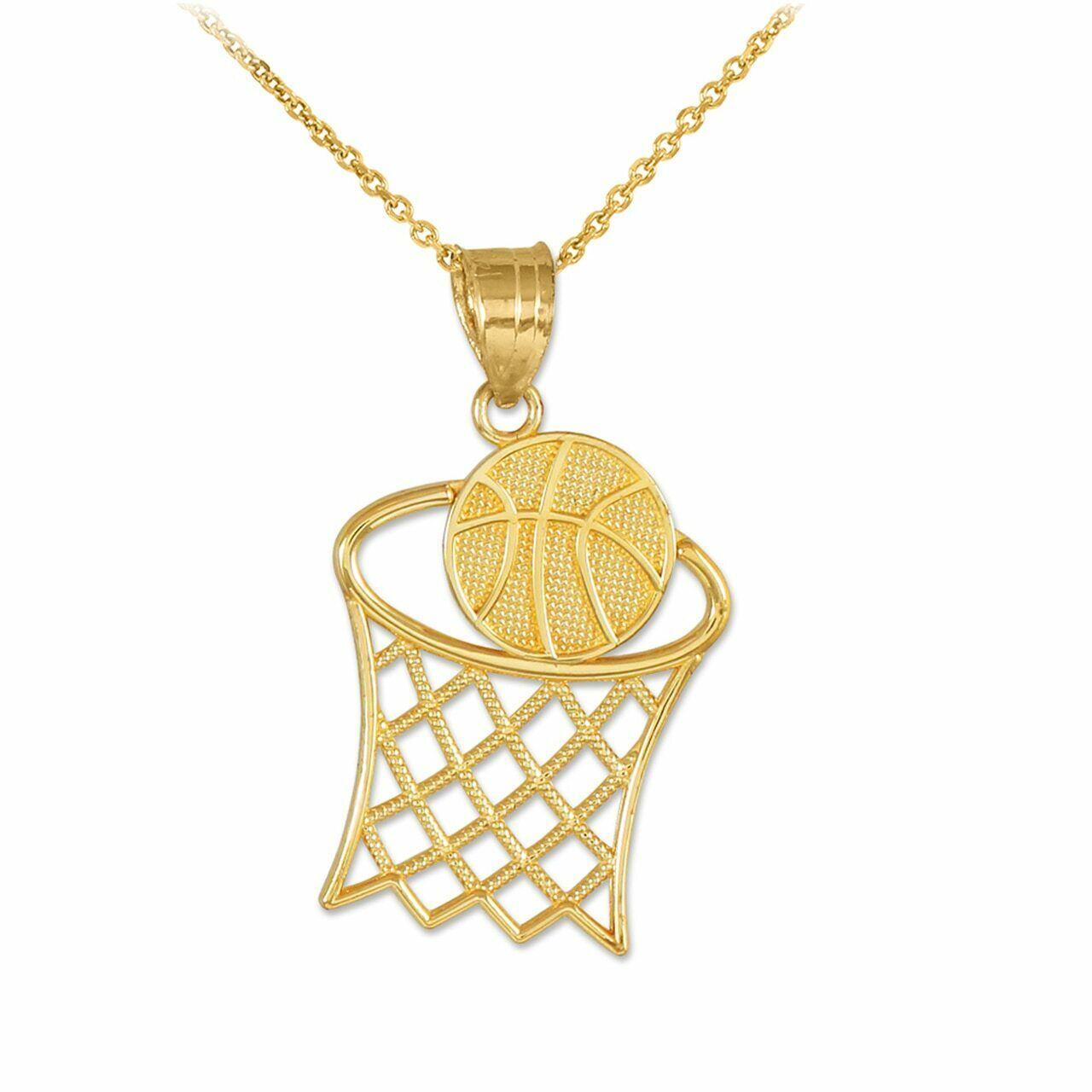 14k Solid Yellow Gold Textured Basketball Hoop Sport Pendant Necklace