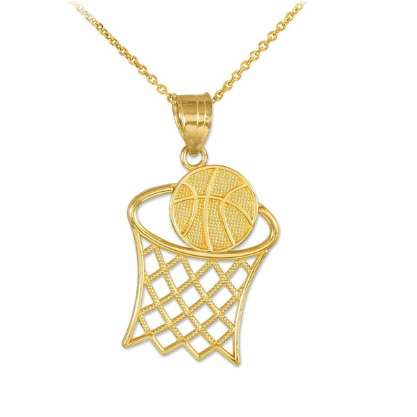 14k Solid Yellow Gold Textured Basketball Hoop Sport Pendant Necklace