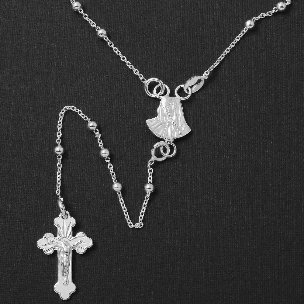 NWT Real Sterling Silver 925 Cross Crucifix Beaded Rosary Necklace 20", 24"