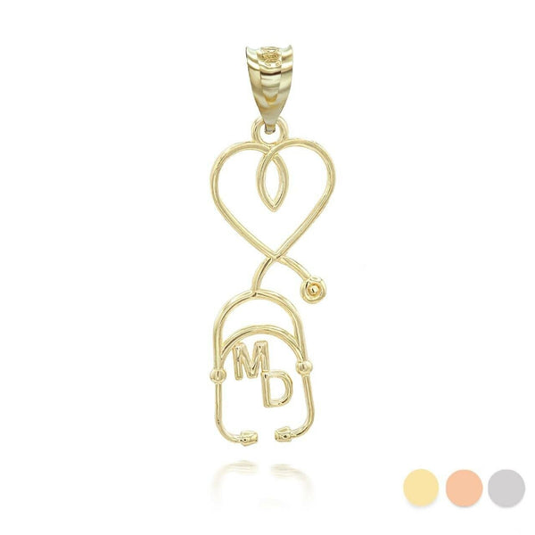 14K Solid Gold Medical Doctor MD Heart Stethoscope Pendant Necklace