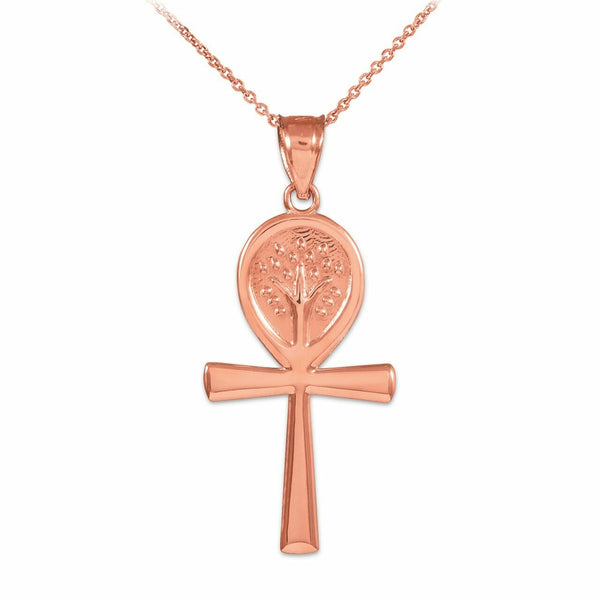 10K Real Rose Gold Ankh Cross Tree of Life Pendant Necklace