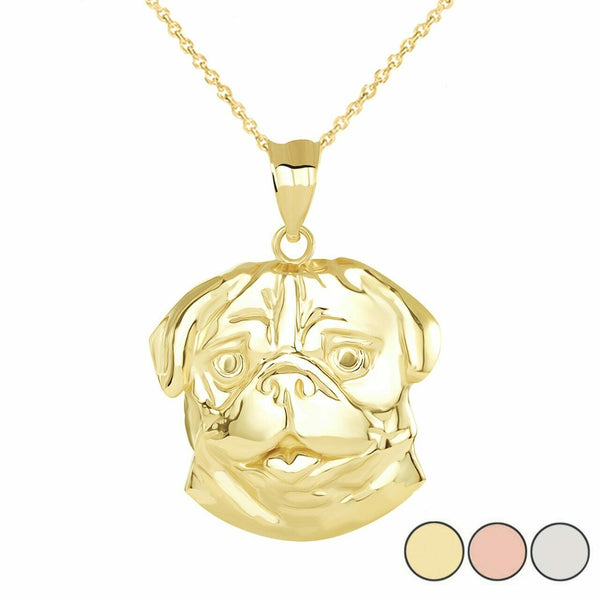 10k Solid Yellow Gold Pug Head Pendant Necklace 16", 18", 20", 22"