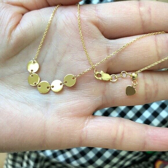14K Solid Rose Gold 5 Dangle Mini Disc Disk Choker Necklace Adjustable 16"