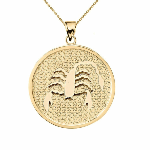 10K Solid Gold Scorpio Zodiac Sign Disc Round Pendant Necklace 16" 18" 20" 22"
