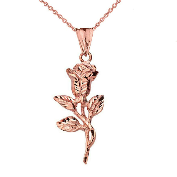 10k or 14k Solid Yellow or Rose or White Gold Sparkle Cut Rose Pendant Necklace