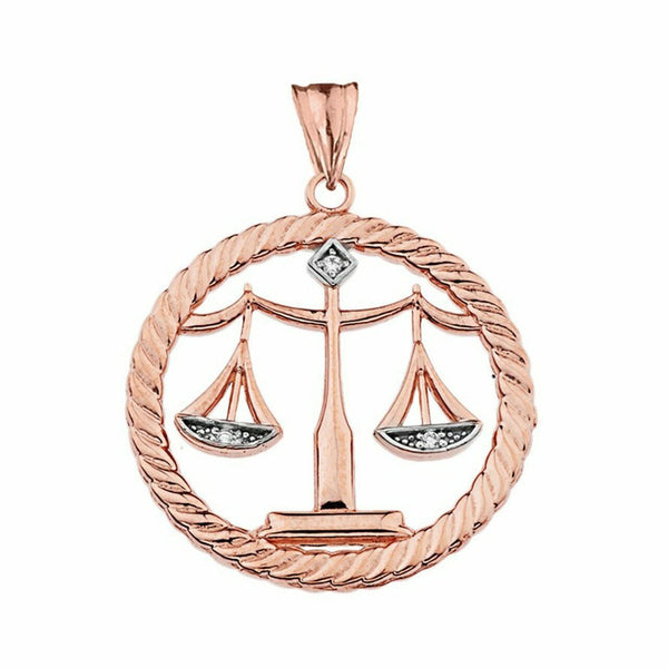 Solid 14k Rose Gold Diamond Scales of Justice Rope Pendant Necklace