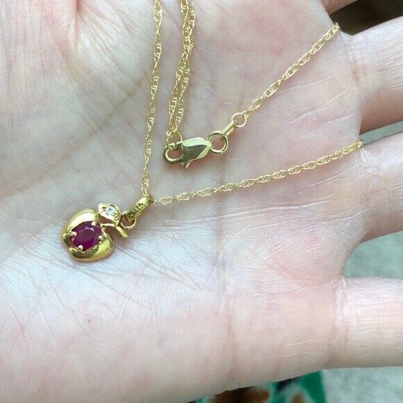 14K Solid Gold Mini Apple Ruby Pendant Dainty Necklace 16"-18" Minimalist