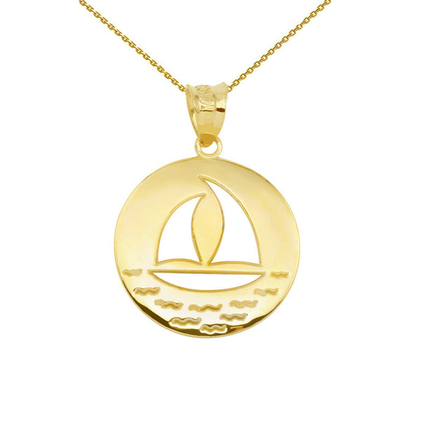 14k Solid Gold Nautical Ocean Waves Sailboat Silhouette Pendant Necklace