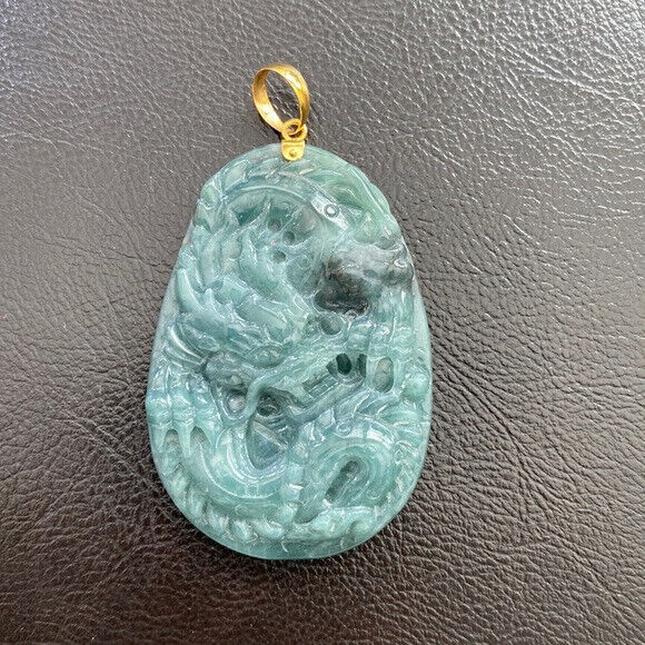 14K Solid Real Gold Carved Dragon Natural Jade Pendant Oval Large Men