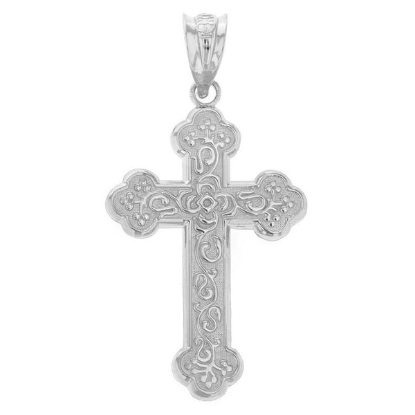 .925 Sterling Silver Greek Orthodox Floral Rose Cross Pendant Necklace