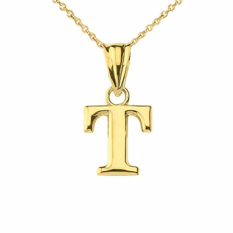 10k Solid Yellow Gold Small Mini Initial Letter T Pendant Necklace