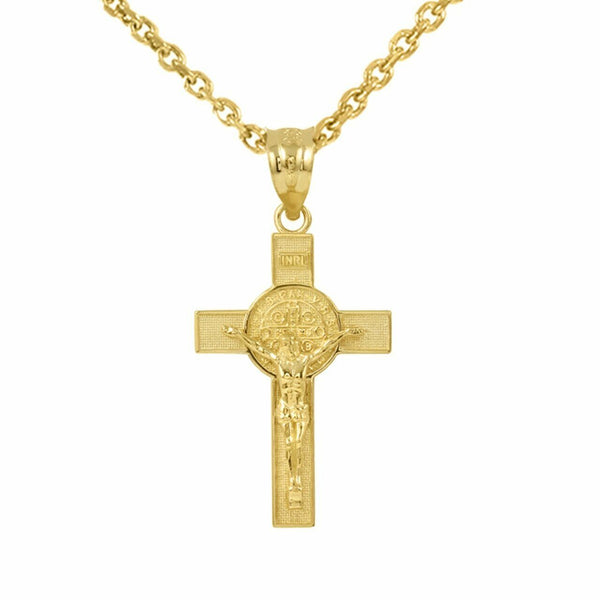 10K Solid Yellow Gold Medium St. Benedict Crucifix Cross Pendant Necklace 1.36"