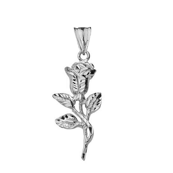 10k or 14k Solid Yellow or Rose or White Gold Sparkle Cut Rose Pendant Necklace