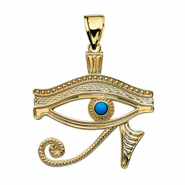 10k Yellow Gold Egyptian Protect Eye of Horus Turquoise Stone Pendant Necklace