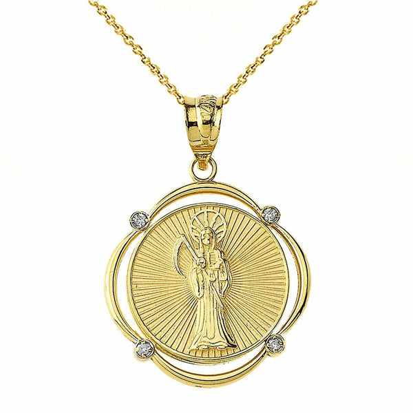 Solid 10k Yellow Gold Gold Santa Muerte Diamond Halo Frame Pendant Necklace