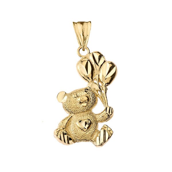 14K Solid Gold Teddy Bear with Balloon Pendant Necklace -Yellow, Rose, or White