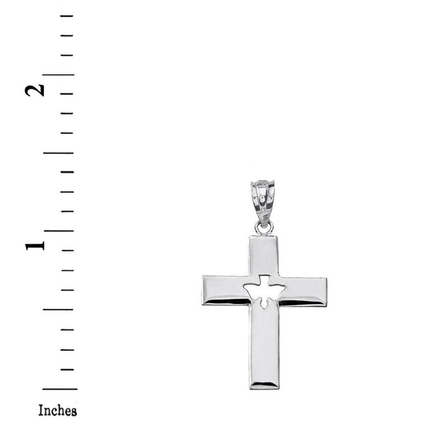 Sterling Silver Religious Cross With Cut-Out Holy Spirit Dove Pendant Necklace
