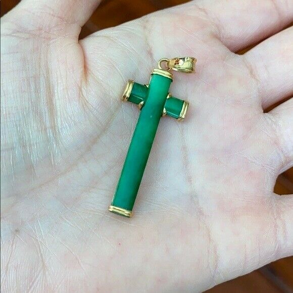 14K Solid Real Yellow Gold Cross Jade Charm Pendant - P35